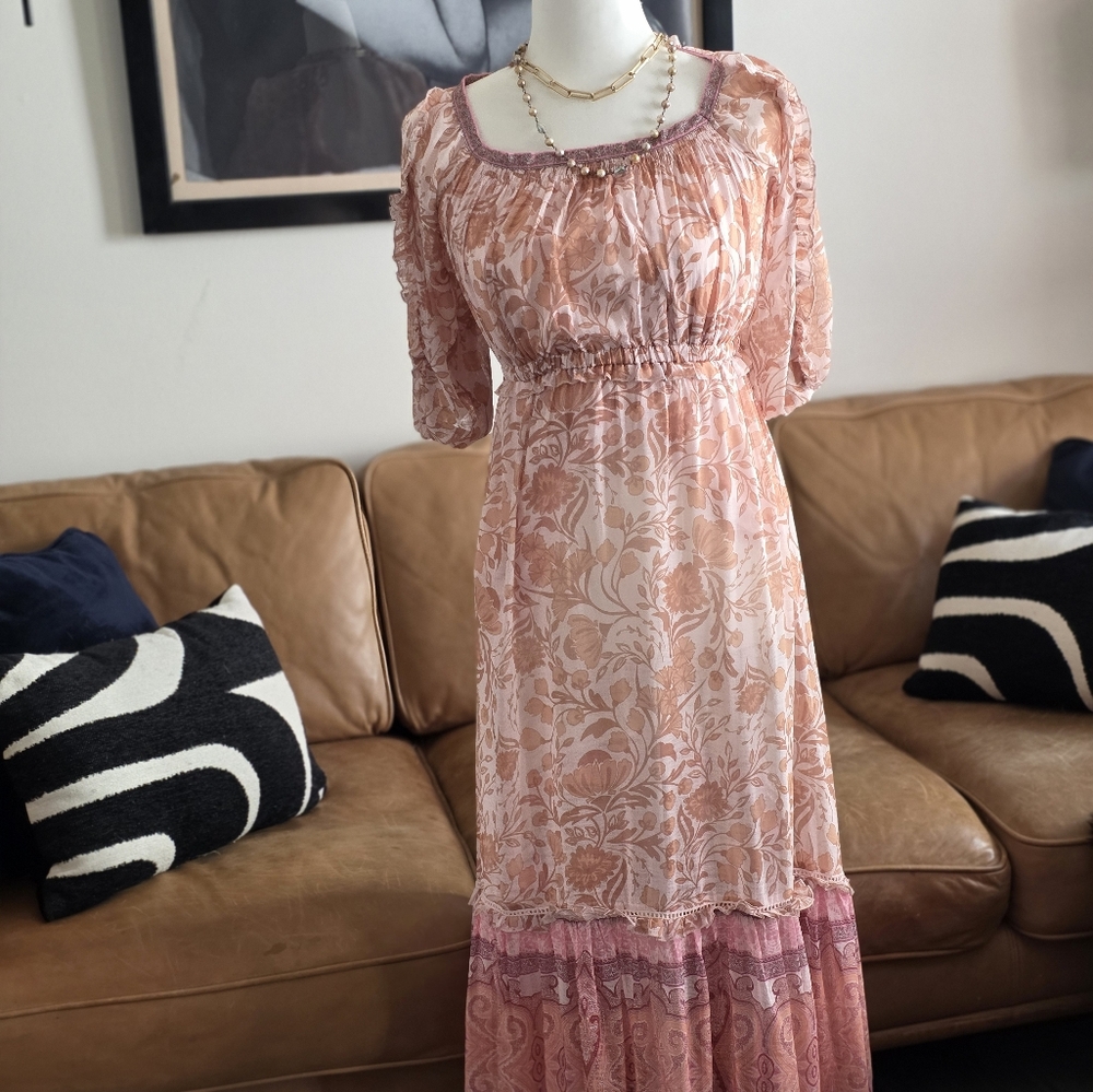 Pink Maxi Dress with Scoop Neck and Bishop Sleeves